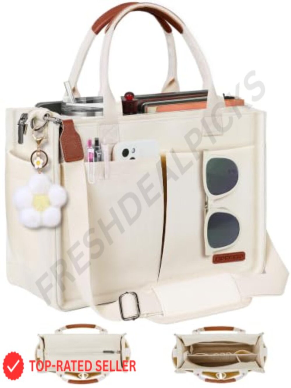 Canvas Tote Bag with Compartments, Zipper Top, Trolley Sleeve, Adjustable Strap